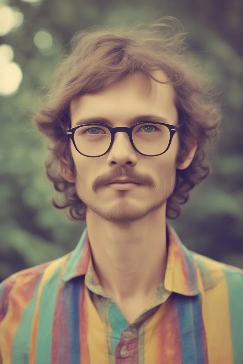 hippie young man with glasses of colours and poor and short short short and poor hair on the head with receding hairline. Farsightedness glasses with big eyes. Shirt beard in the head. Vintage look and feel like photo style-of the 70s