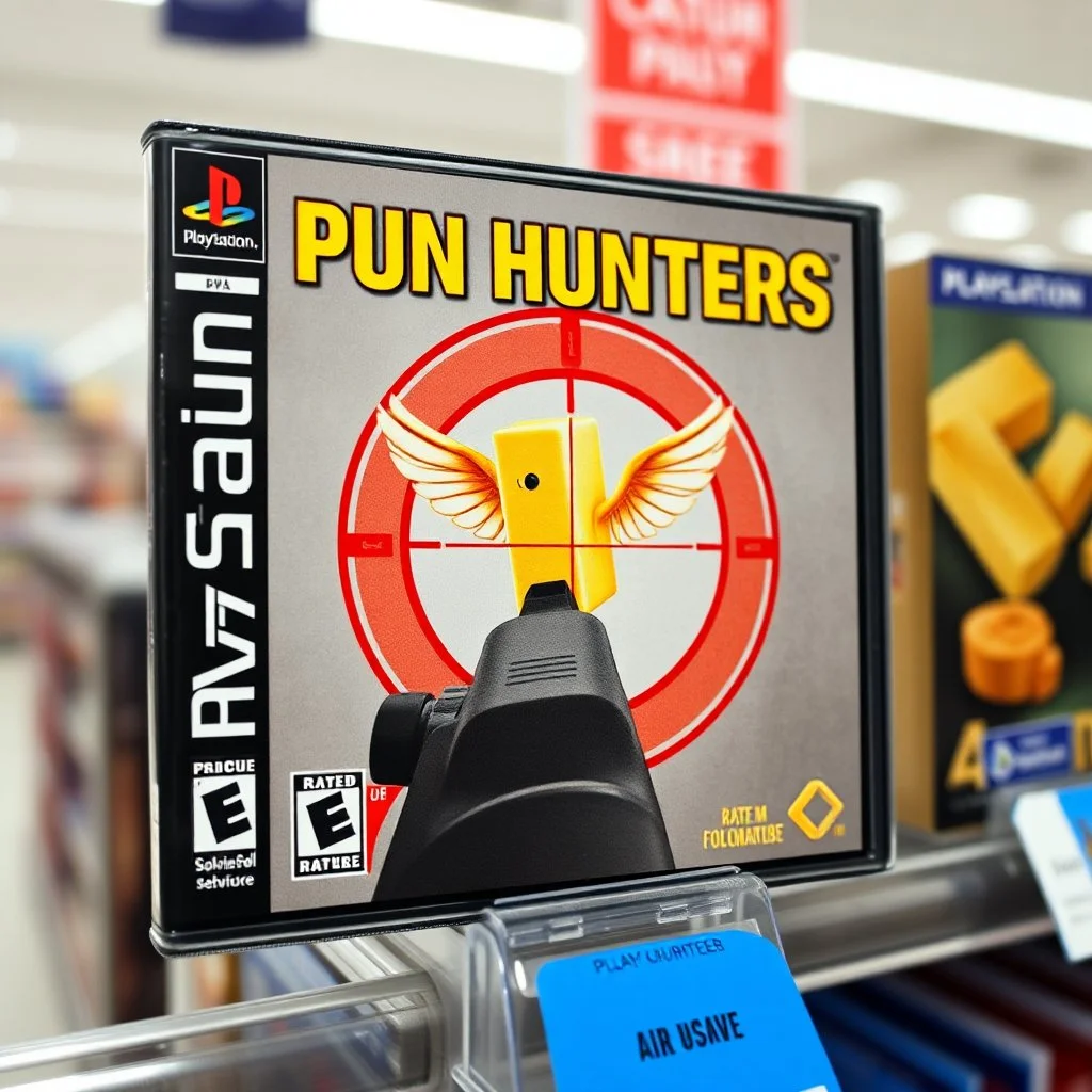close up on a Playstation video game case on display on a store shelf for game titled "PUN HUNTERS", game case image is a pixelated video game image of a red sniper crosshair zeroing in on an anthropomorphic butter stick with wings, rated M for mature, original playstation game box satire,