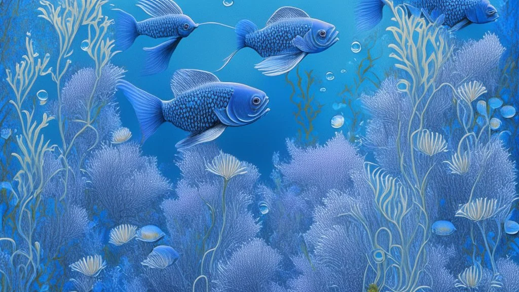 fish swimming in a garden of blue flowers, light blue lavender color, dark blue, detailed photo