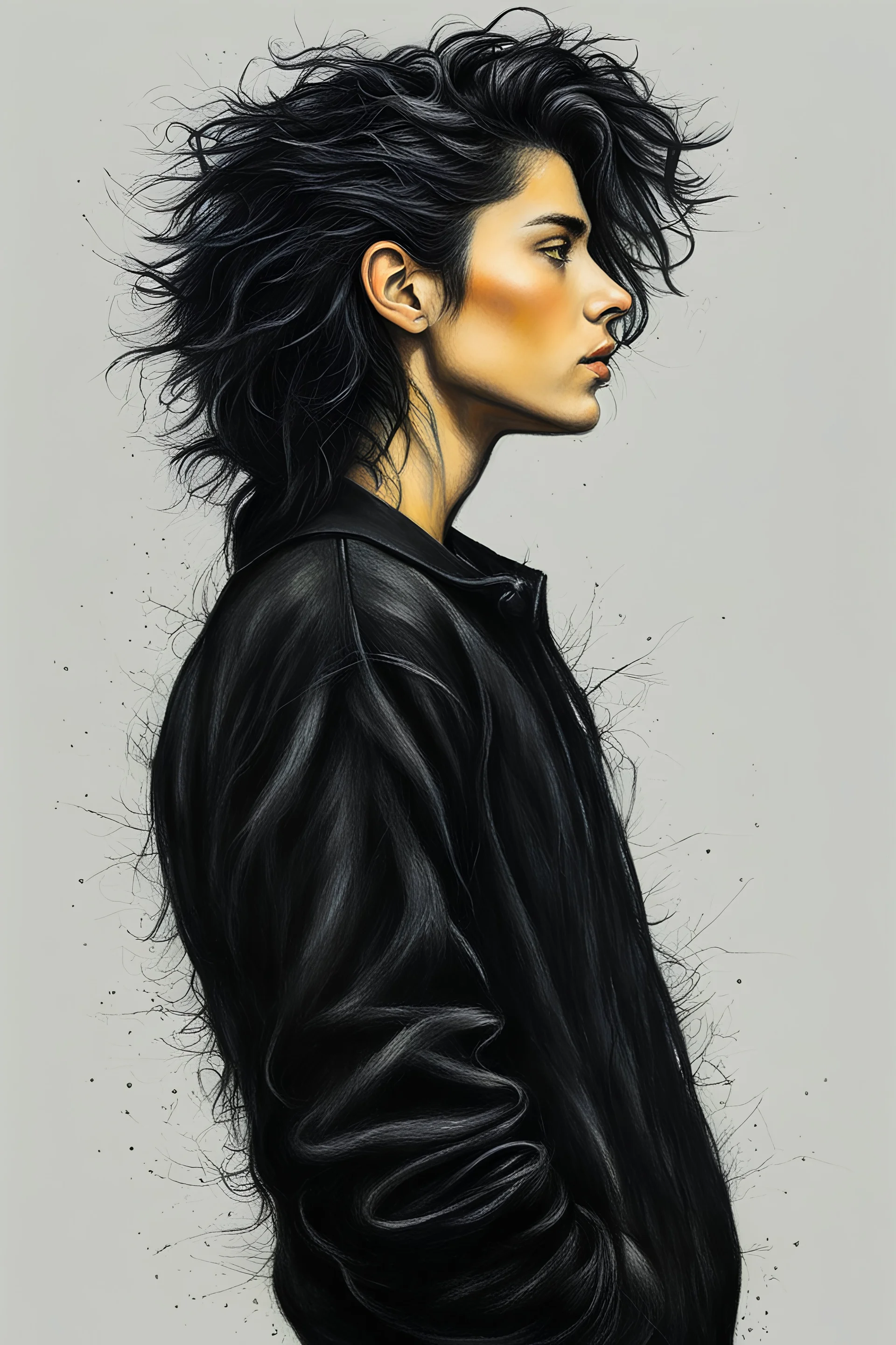 create a 3/4 profile, full body oil pastel of a dark haired, savage, dressed in black casual skate clothing, messy hair