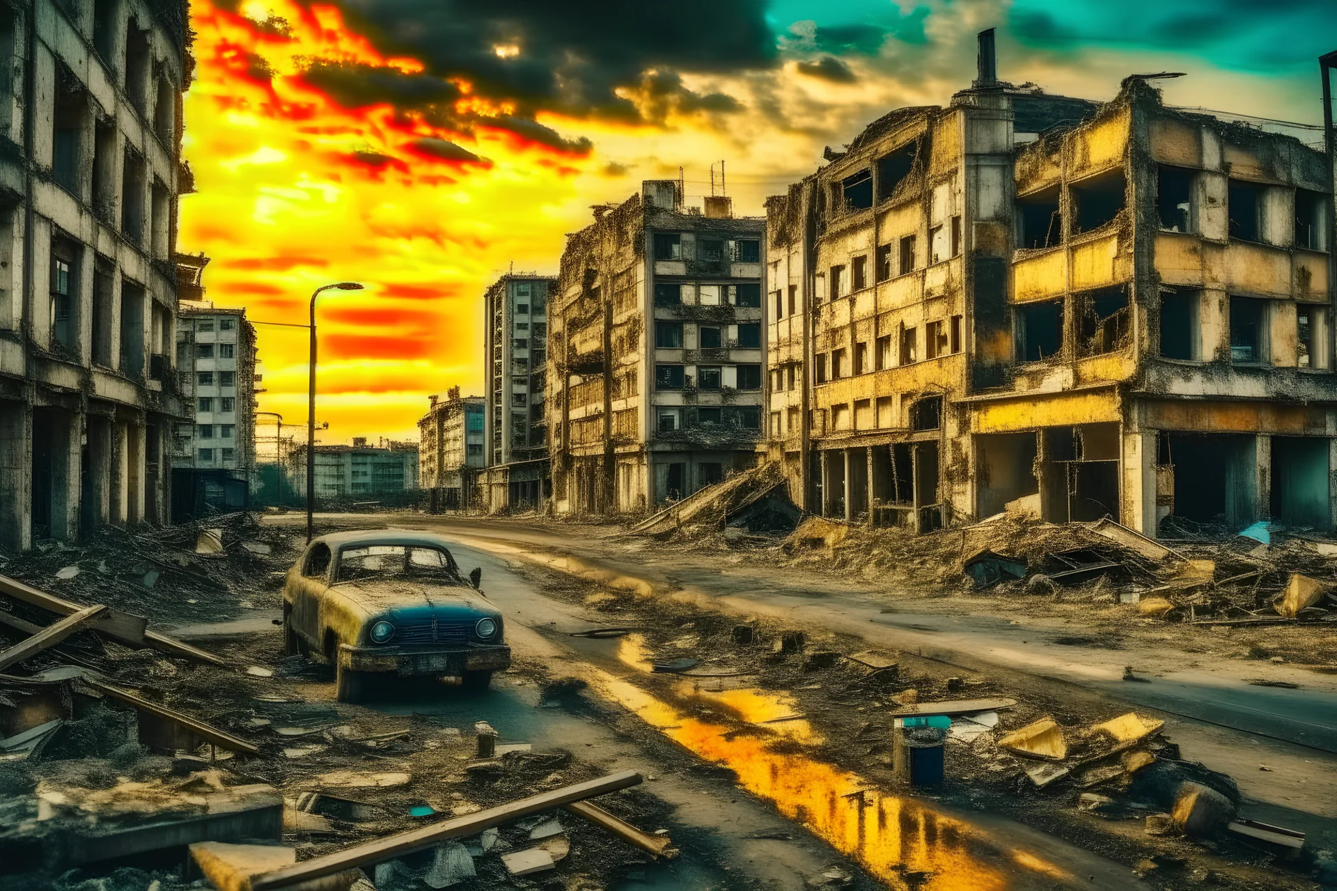 photo if an abandoned modern city center after apocalypse with an medieval castle on the right side. crumbling buildings, cracked ground and asphalt streets. car wrecks, fire and smoke everywhere, low saturated colors