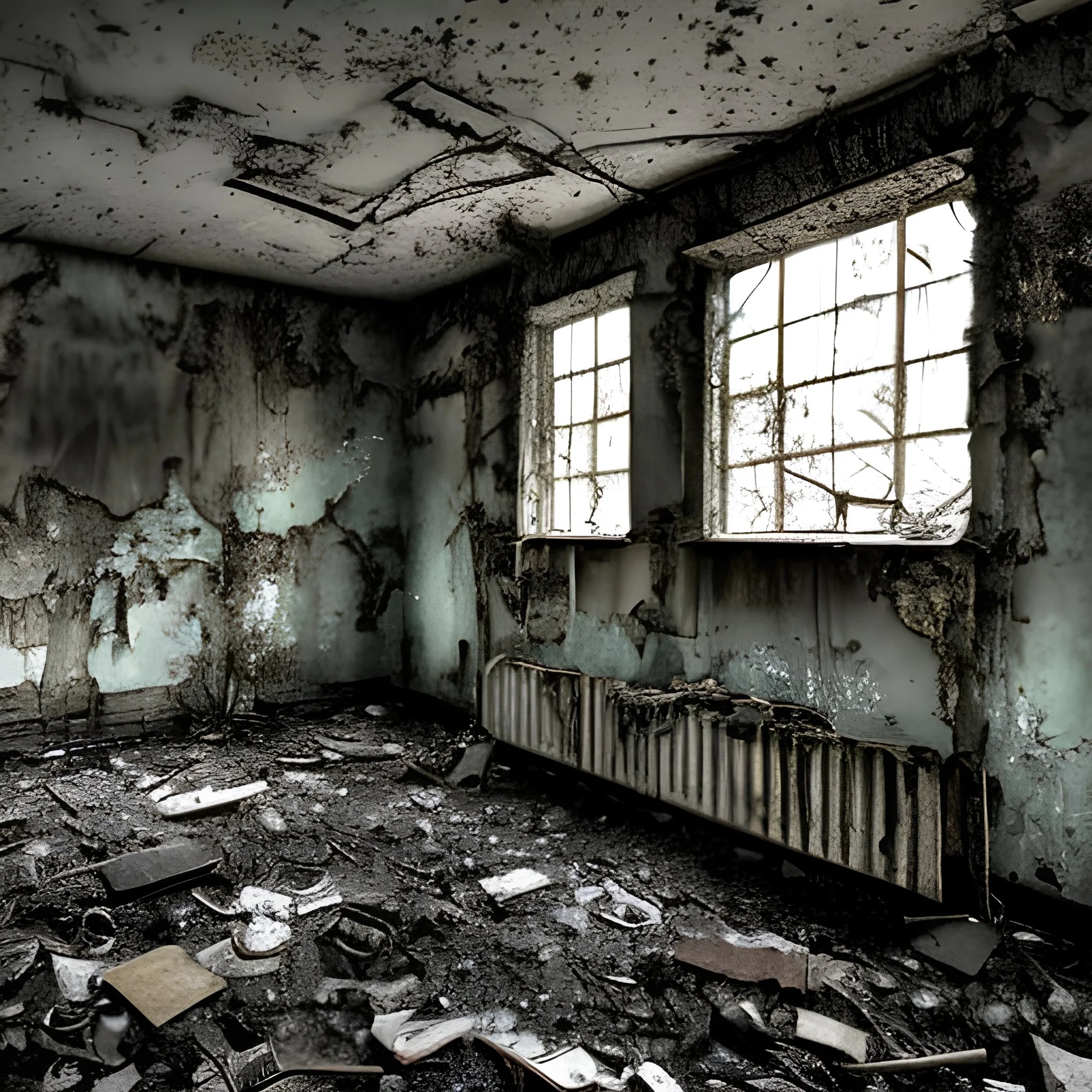 An abandoned hospital, dark, rusty pipes, bare walls, ominous atmosphere, the smell of damp, broken windows, broken beds, a sense of danger.