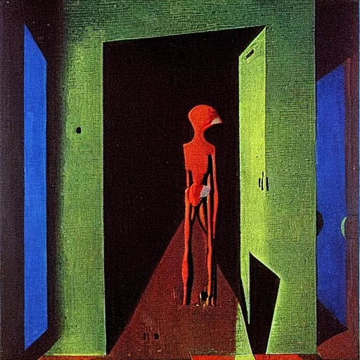 An emaciated figure prowls in a dark room Max Ernst