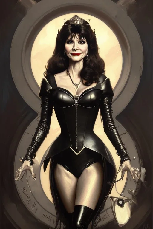 painting of victoria principal as evil queen in black leather, feminie, angry, stern look on her face, volouptous, busty, cleavage, emperious, mature, highly detailed, digital painting, artstation, concept art, smooth, sharp focus, illustration, art by gaston bussiere and alphonse mucha