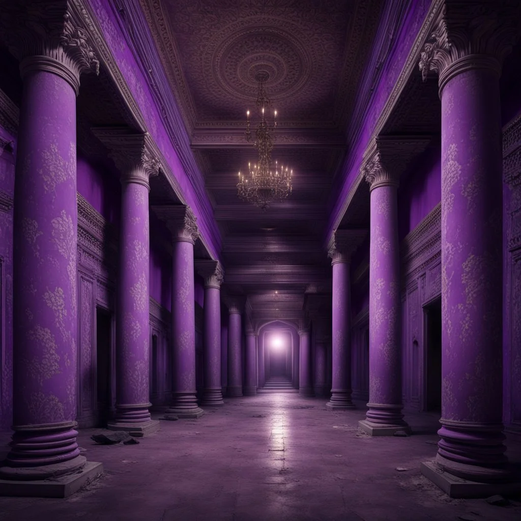 Hyper Realistic big dark hall of an abandoned haunted Indian Palace with decorated purple walls & pillars at night