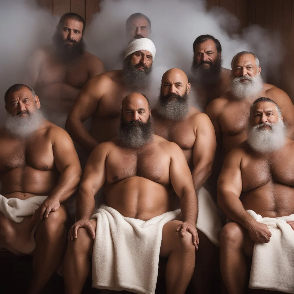 close up photography of a group of turkish and marocan 48 years old ugly chubby muscular men embraced, manly chest, covered with the towel at the hip, long beard, shaved hair, photorealistic, manly legs, manly arms, sitting in a steamy sauna, clouds of steam, side light