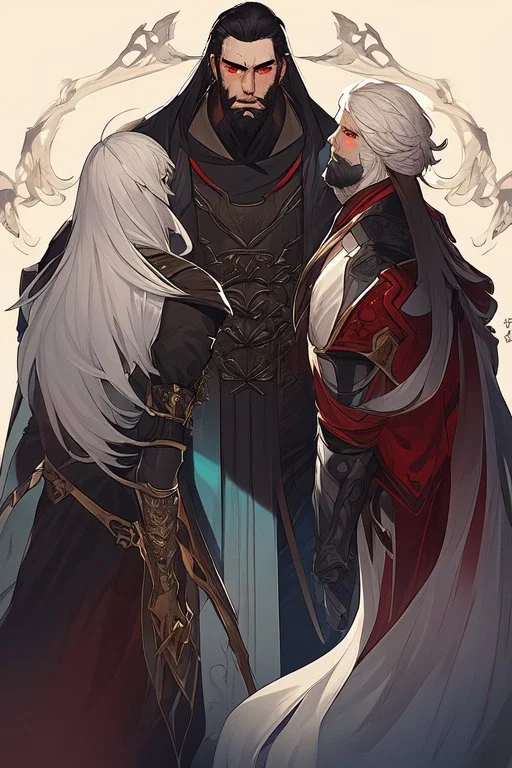 A couple, from the dnd game curse of Strahd. The woman has long white hair and blue eyes, the man has LONG BLACK hair and red eyes, no facial hair.