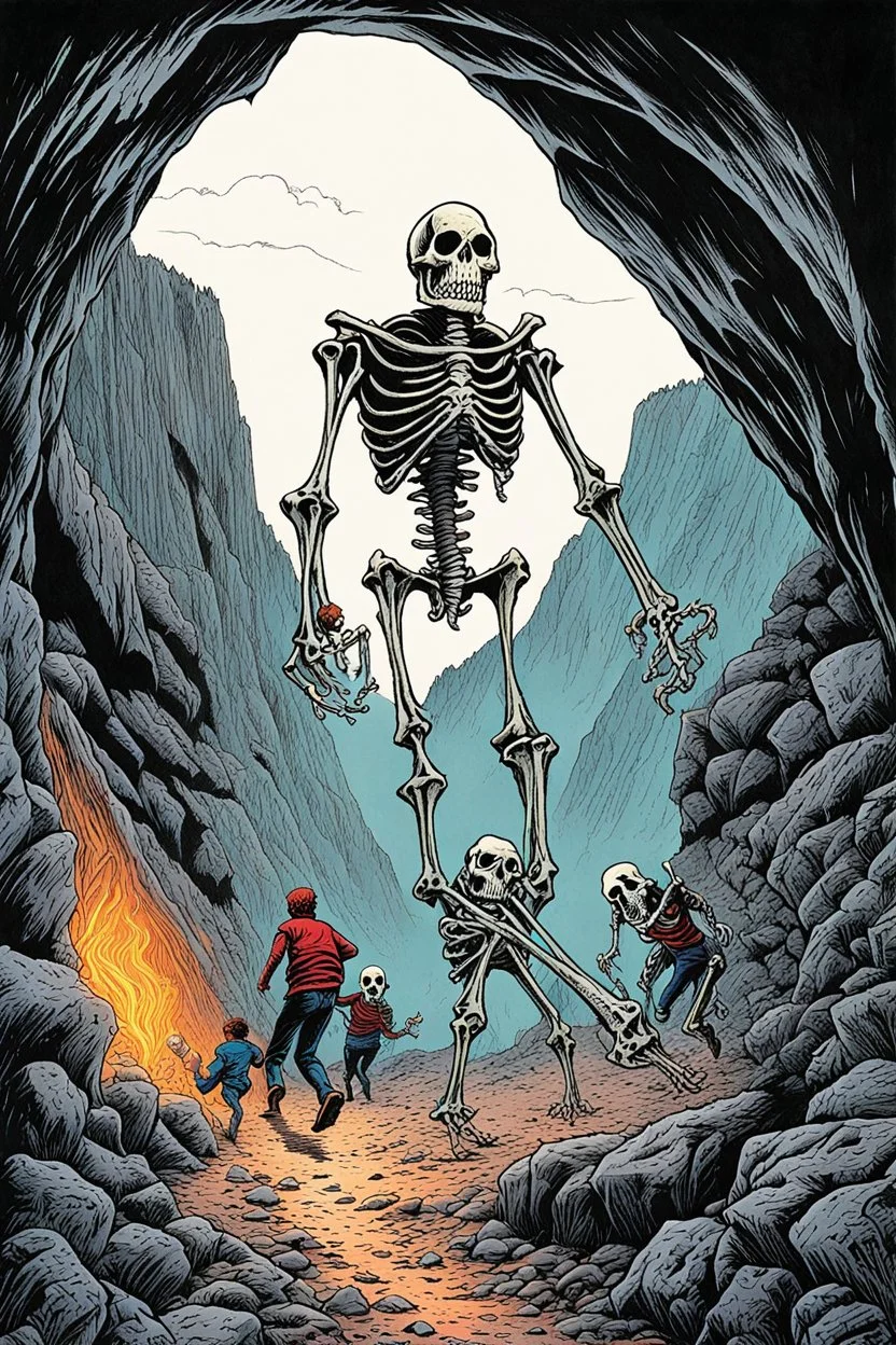 ,Digital illustration of horror genre comic book cover from the 1980s, giant larger than life skeleton picks up tiny humans as they try to run away from inside the cave, macabre, gorey, 1970 illustration art style, absurdist, conye.color pencils, ink, counter culture, dystopian, retro futuris. 90s riot girl look, punk aesthetics, collage, psychedelic, grime, textured, mixed media with a british pop culture influence, maximalism, feminist icon,