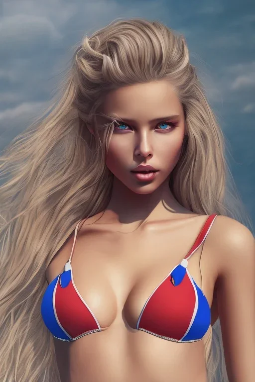 Scarlett Leithold on bikini with long blonde hair ultra detailed face art cinematic tick blue and red sky