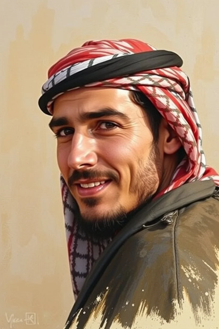 A young Palestinian man, forty years old, wearing a keffiyeh, has a beautiful face, turns his face to the right, has a slight smile, his mouth is closed and his teeth are not visible, his eyes are looking to the left, he appears to be drawn with oil paints