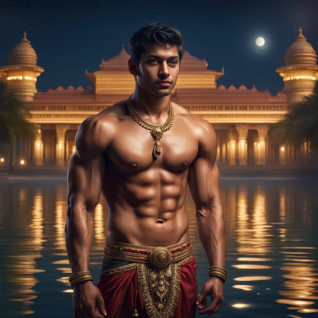 Hyper Realistic handsome Young shirtless muscular short hair Indian king standing in a lake outside traditionally beautiful Indian palace at night