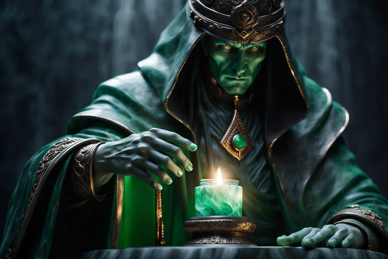 highly detailed marble and jade sculpture of a male necromancer, transparent nail polish, beautiful hands, stunning face, volumetric fog, Hyperrealism, breathtaking, ultra realistic, unreal engine, ultra detailed, cyber background, Hyperrealism, cinematic lighting, highly detailed, breathtaking, stunning environment