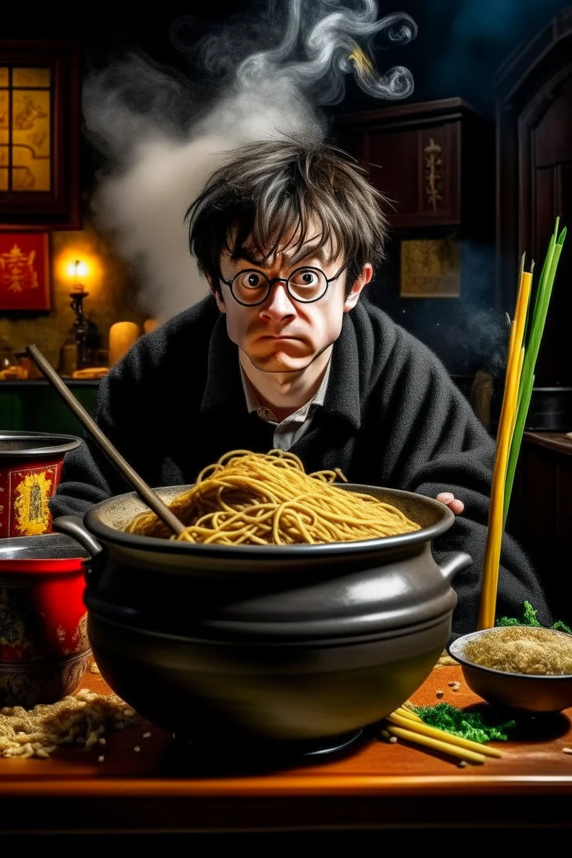 Angry Harry Potter use pot with chinese noodles beside the Hermione