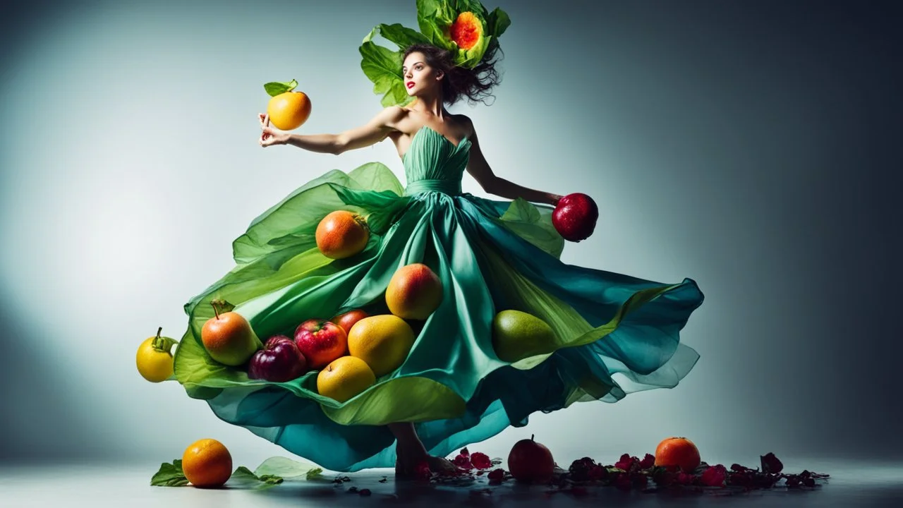 Dramatic dynamic photo of fruit woman in salad dress, Igor Morsky inspired photo in Sophie Delaporte style, beautiful fairy model, volumetric lighting, bright colors, exciting