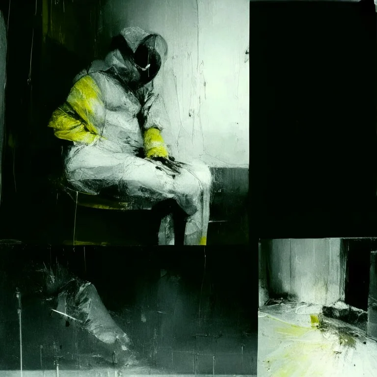 Minimal contemporary abstract oil paintings close up person wearing hazmat suit limbs sinew and concrete fragments illuminated at night style of Justin Mortimer And Francis bacon And ashley wood