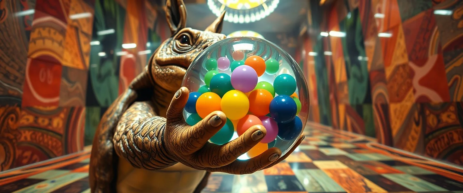 pin hole cam , master oil painting by Rembrandt, volume fog lights in reflective marble madness opera close up on turtle horse character portrait, holding big colorful transparent marble ball, a living bowling marble halls with slightly tilted floor in a twisted block maze, scenery from the game "marble madness", crystal birds, the floor betrays, the walls collide,