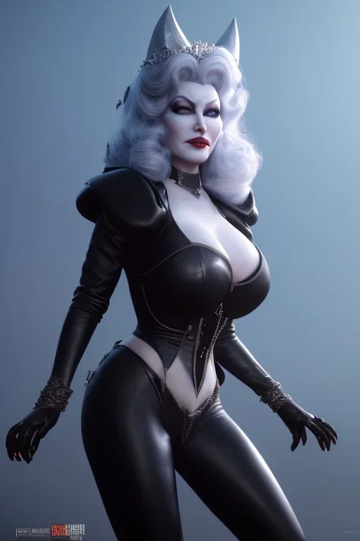 Mae West as evil queen in black leather, leather, busty, cleavage, angry, stern look. character design by cory loftis, fenghua zhong, ryohei hase, ismail inceoglu and ruan jia. unreal engine 5, artistic lighting, highly detailed, photorealistic, fantasy