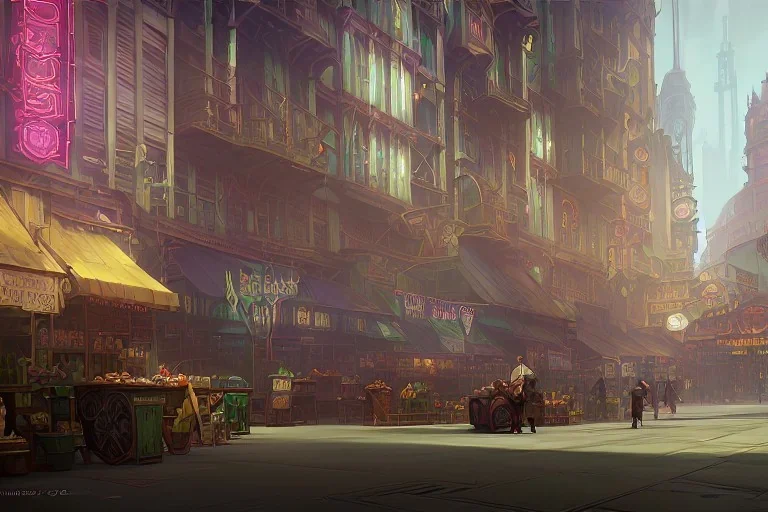 A greengrocer in colorful varanasi street+Gothic city+BioShock+Dishonored+Bloodborne +trieste+Edinburgh+Chicago+victorian London+decòpunk Skyscraper+ +steampunk+biopunk+alphonse mucha, greg rutkowski,matte painting, cryengine, hyper detailed, felix kelly, fantasy art, seb mckinnon