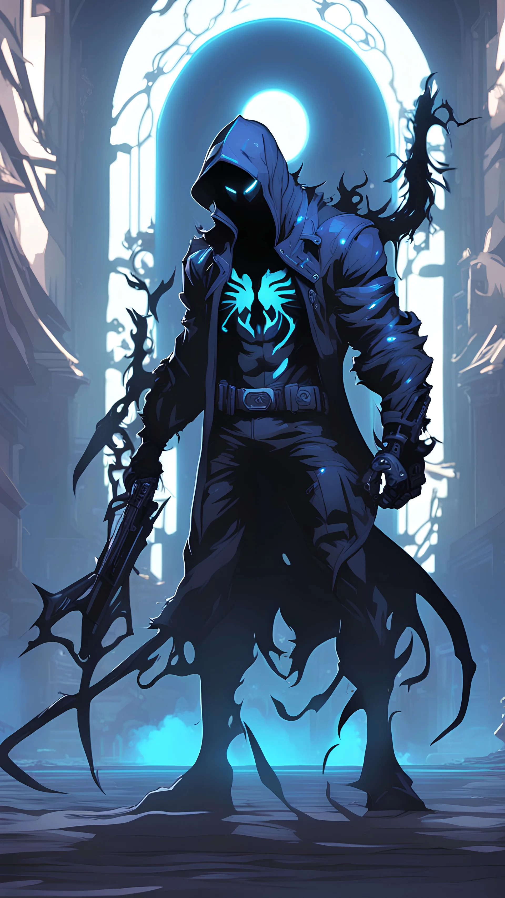 Mix between venom symbiote and Reaper in solo leveling shadow style with neon glowing blue