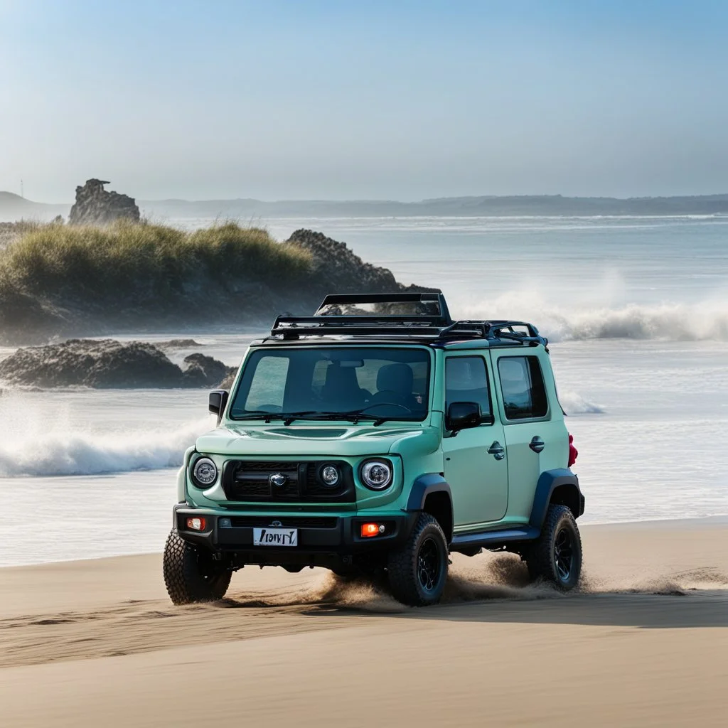 Suzuni Jimny driving on the beach, close to the Californian waves