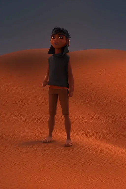 3D render of a cyberpunk tribal young brown man, black hair, hooded, on a orange dune background, digital art