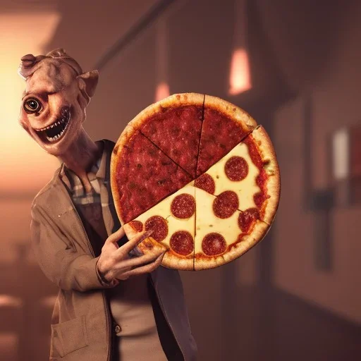 horror smiling pizza delivery man, holding pizza box, 3d horror game style