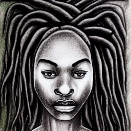 Paper. Pencil sketch art .the face of A young black woman. A wood nymph emerging from the forest. Her hair looks like vines. Dreadlocs. Her skin is the colour of dark soil. Her skin looks like tree bark. Her clothing is made of vines, grass and leaves.