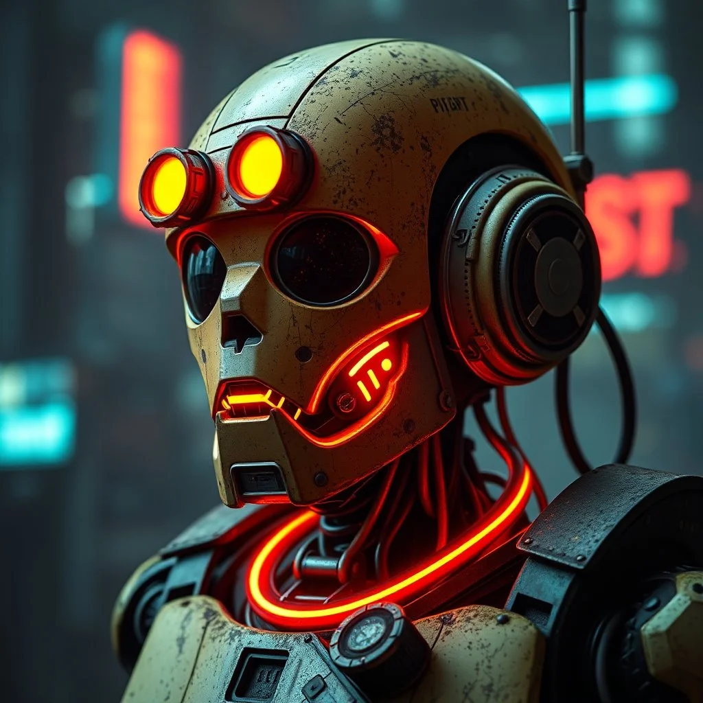 a robot from a dystopian future, inspired by fallout, cyberpunk aesthetic, worn with age, neon