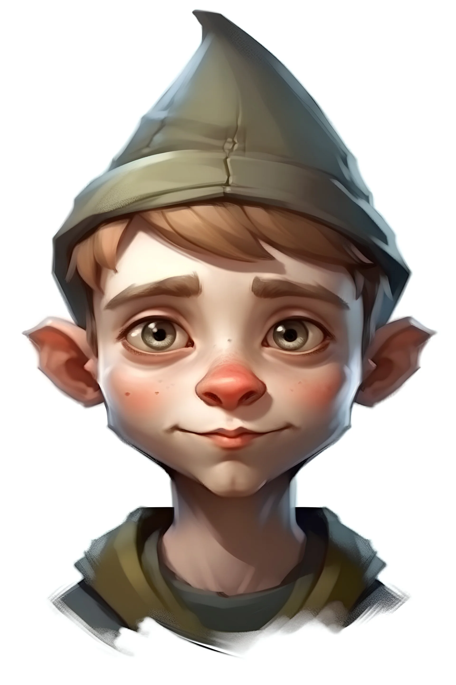 Portrait of a male gnome with short hair, intelligent eyes, angular face, aquiline nose,