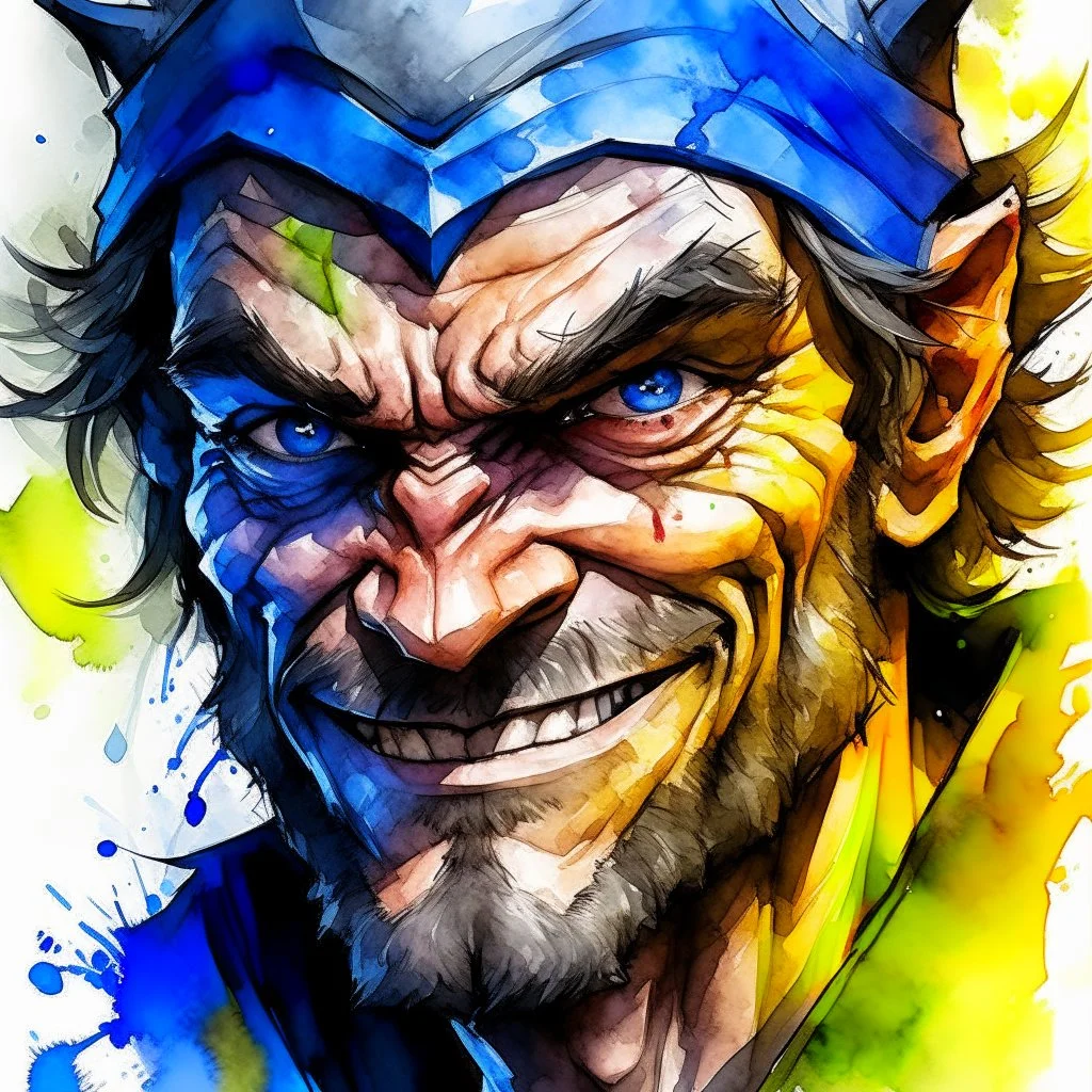 dnd, fantasy, watercolour, large strokes, stylistic, portrait, illustration, black colours, male, face, sturdy wide face, weathered face, sly, violent, evil, smiling
