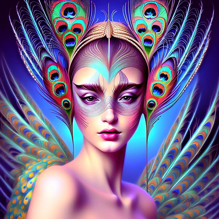 Painting of a woman with peacock feathers on her head, exquisite digital art, beautiful digital art, contemporary digital art, excellent digital illustration, amazing digital art, beautiful digital art, art deco painting, digital art of elegant and beautiful digital artwork, futuristic art, painting Elegant digital, elegant lady, girl with feathers, elegant woman, artistic digital art