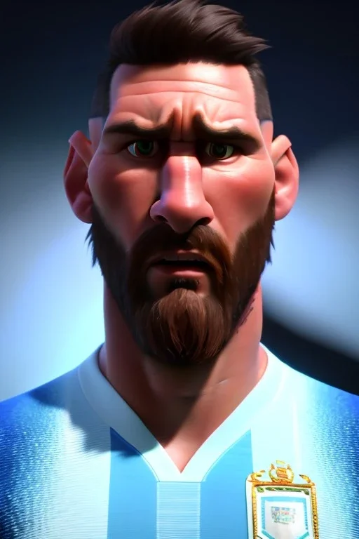 Realistic Messi Argentina soccer player Portrait, mid shot view, angry, concept art, art station, 3d, photo studio, blue clean background, unreal engine 5, ray tracing, RTX, lumen lighting, ultra detail, volumetric lighting.