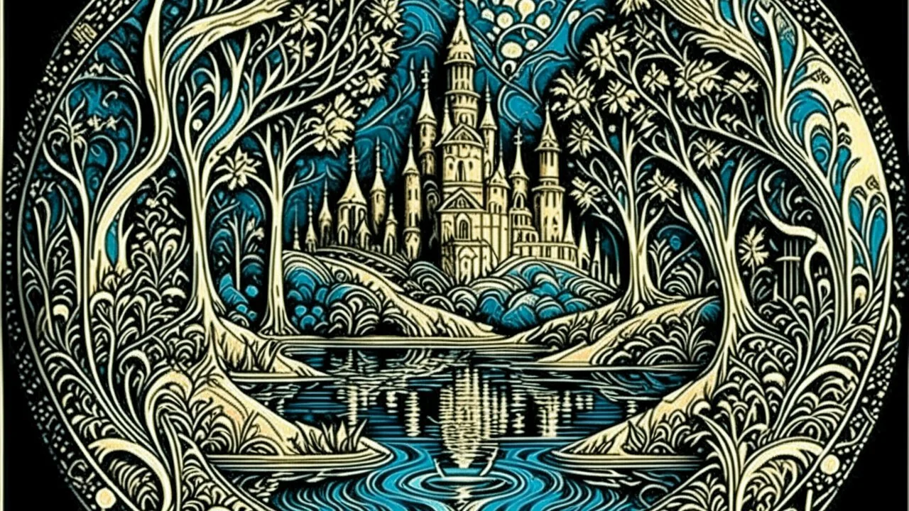 woodcut, relaxation, luxury, dream world, calm beauty, symmetry, fantasy world, magic, beautiful composition, exquisite detail