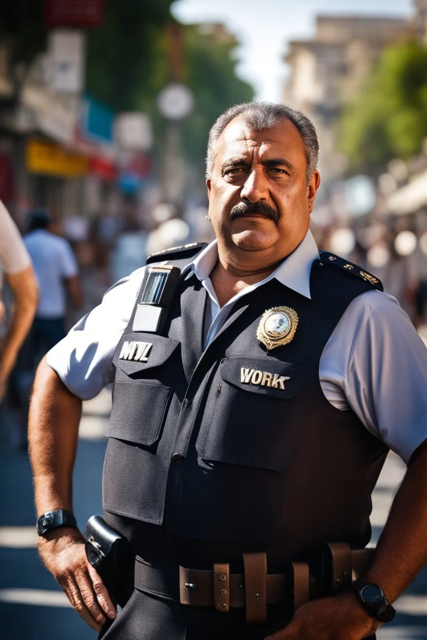 Massive and sturdy chubby burly mature turkish policeman, unbuttoned shirt, hairy with hairy chest, in the sun in an tank top, leaning against a lamppost in the middle of a crowded street, side light, sweat and wet