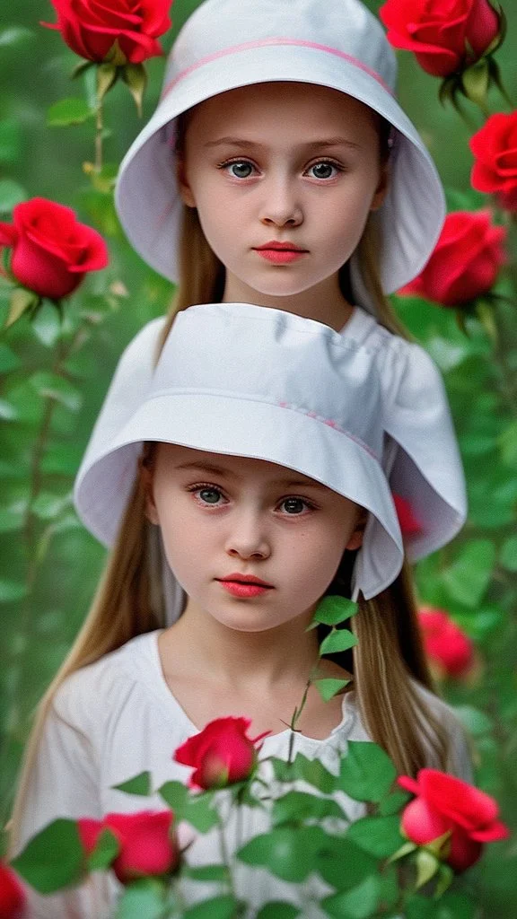 A little girl from Russia at the age of 7 years holds a lot of roses and puts them on her face, and she wears a white Bucket Hat, she puts the roses in front of her face, so her face does not appear, so her face does not appear,(Many Flowers: 1.2), Soft Light, Golden Hour, Upper Body, HDR, 8k, Natural Skin Texture, AO, Intricate, Highly Detailed, Sharp Focus, Crazy Detail, Intricate Detail, Highly Detailed ,The girl looked down