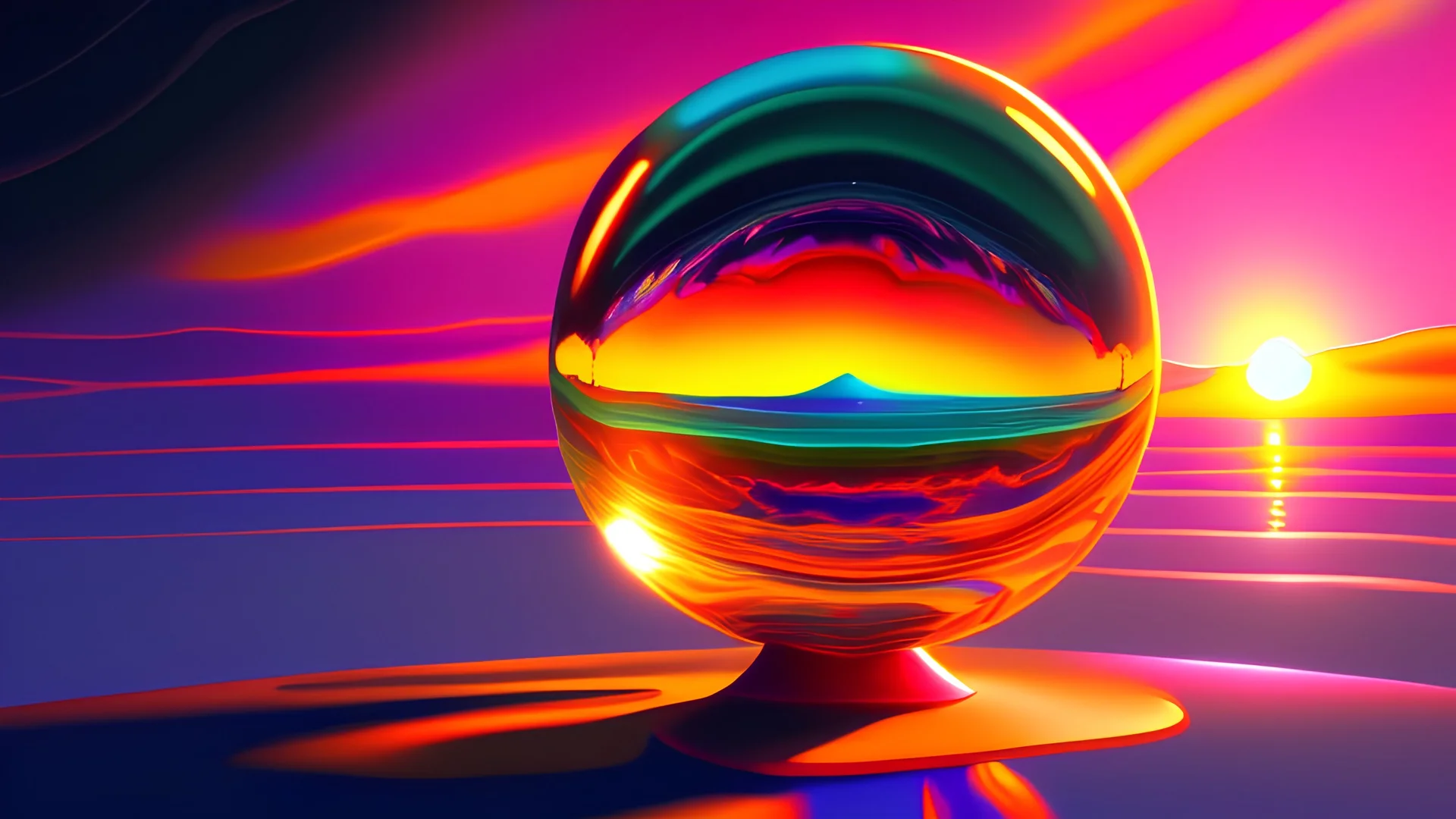 A Painting Of A Sunset In A Glass Ball, An Airbrush Painting By Petros Afshar, Artstation, Psychedelic Art, Irridescent, Ray Tracing, Psychedelic