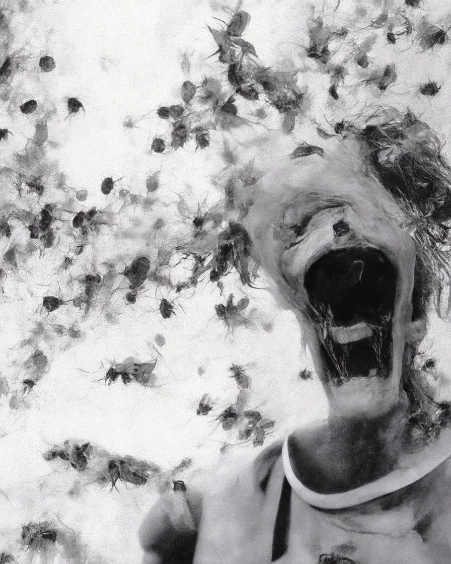 horror, swarming mechanical robotic insects, screaming mannequin, pain, decay