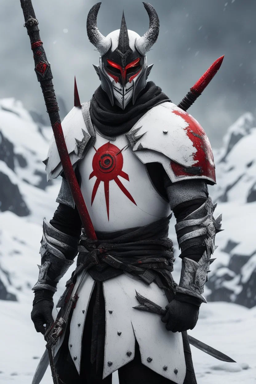 The character, depicted in a striking white armour against a wintry backdrop stands with his hands behind his back inside the scene, he has a red and black circular symbol on his chest like a shield, a black pointed spear with a red handle on his back, His eyes are showing a dynamic expression and he wears a black oni mask with white teeth covering the bottom part of his mouth he has brown shoulder pads and a white karate belt with a bag attached to it. He has dark brown hair. He has no helmet.