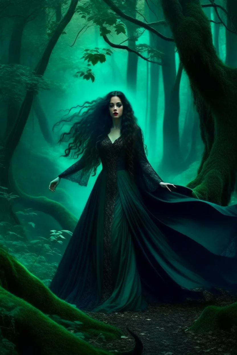 In the heart of a dense and enigmatic forest with towering ancient trees cloaked in emerald foliage stood a bewitching sorceress possessing an ethereal allure her lustrous hair cascading in ebony waves down to her slender waist that turns into roots