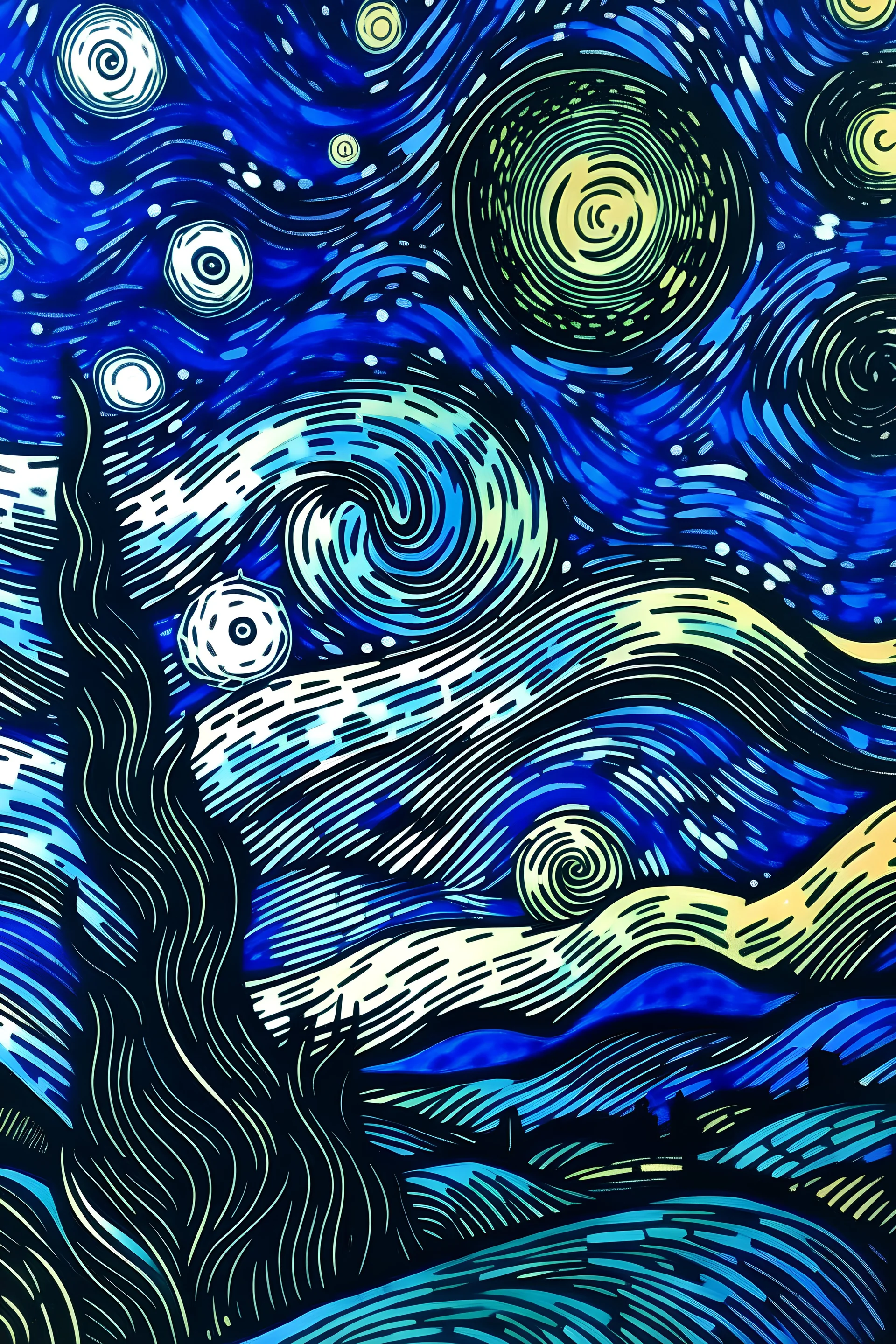 starry night block print