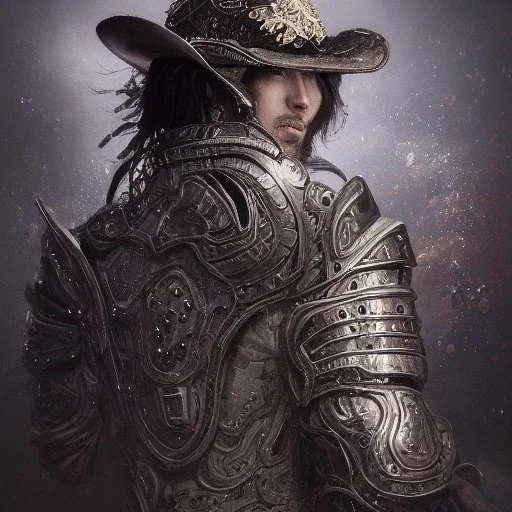 Insanely detailed photograph of an “portrait of Echo Knight ” with intricate half plate chest armor, intricate embroidered cowboy hat, handsomely clear face and hyperdetailed painting by Ismail Inceoglu Huang Guangjian and Dan Witz CGSociety ZBrush Central fantasy art album cover art,8K, hdr, romantic, mysterious, ominous, hands focused on a D20, jewelry, motivated