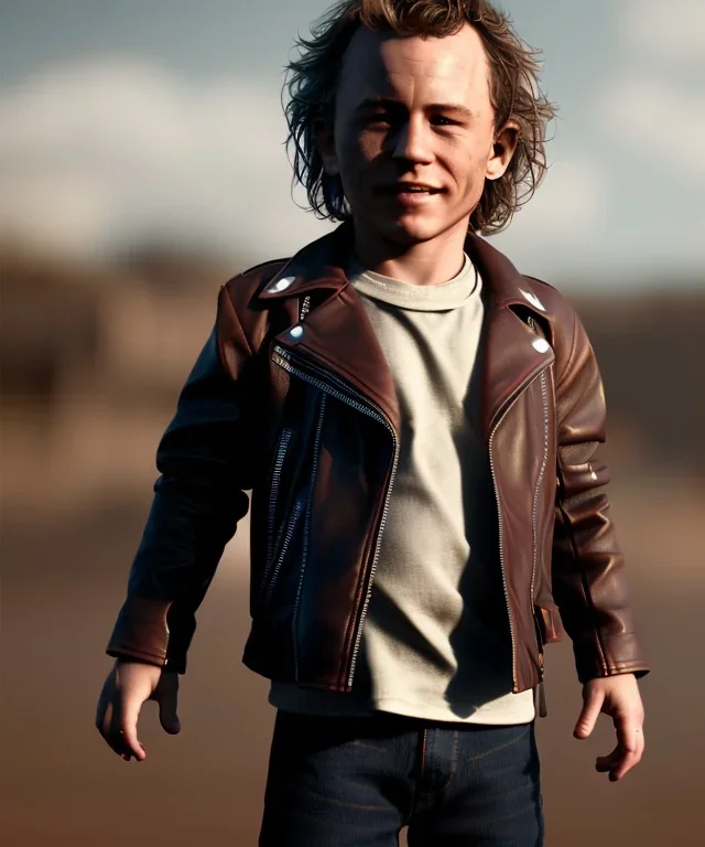 Heath ledger toddler, full body, leather jacket, soft skin, dramatic lighting, hyper realistic