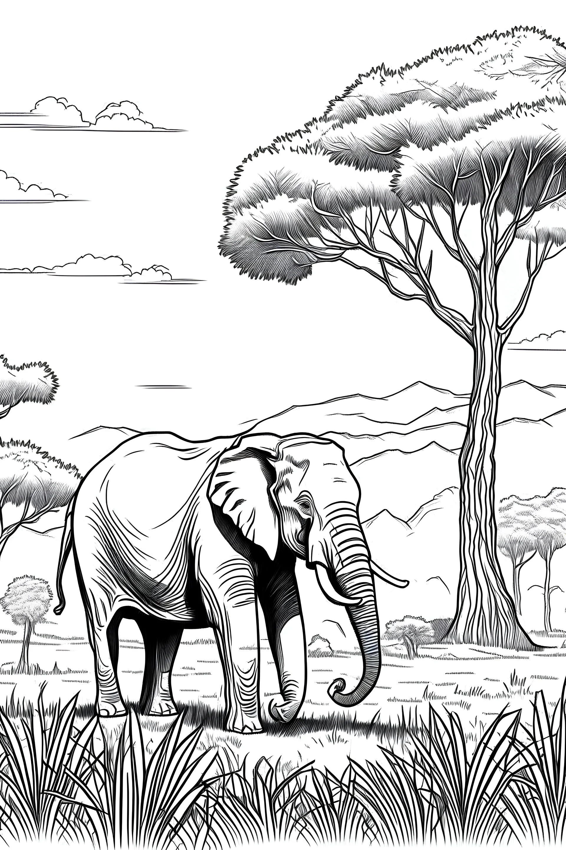 Feature an elephant, in a savannah setting, with a few acacia trees, clean line art, white background, no shadows, black and white coloring book.