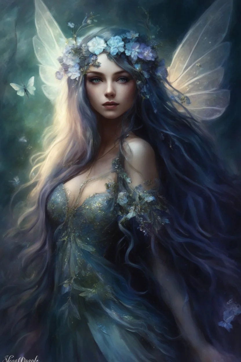 Midnight blue,Dark blue hair,night,dark fairy princess ,elven crown,elven ears,sparkle,glitter,lillies of the valley,gold armor,dragonflies,rapunzel hair,hydrangea