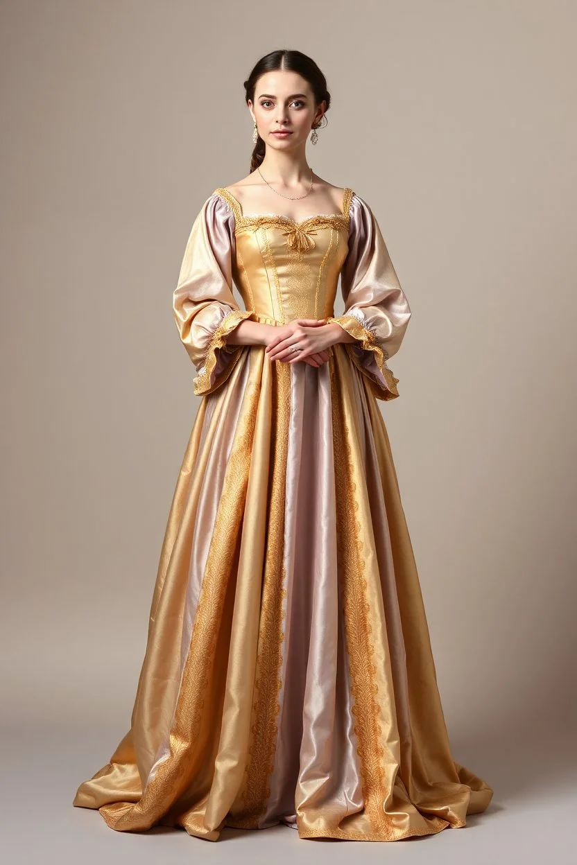 На ней было платье итальянского ренессанса легкого сиреневого и золотистого цвета. в полный рост