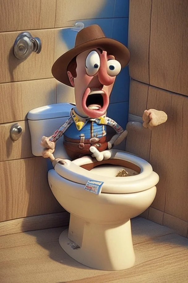 Woody from Toy Story pooping on a toilet