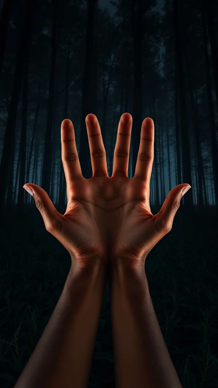 In the woods of hands at night, a of a tree shape, brown skin, night, night, tall, thin field of thousands of hands standing migrating