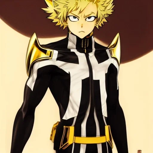 Detailed anime portrait of tangsan from my hero academia, gold hair and golden eyes, black suit, intricate details, full body portrait, keep head in frame, slight smile, black Japanese motif, concept art, highly detailed, digital painting, concept art, sharp focus, illustration, art by Yoji Shinkawa, WLOP and greg rutkowski and alphonse mucha and artgerm and yanjun Chen and Junji ito and Makoto Shinkai, HDR, octane render