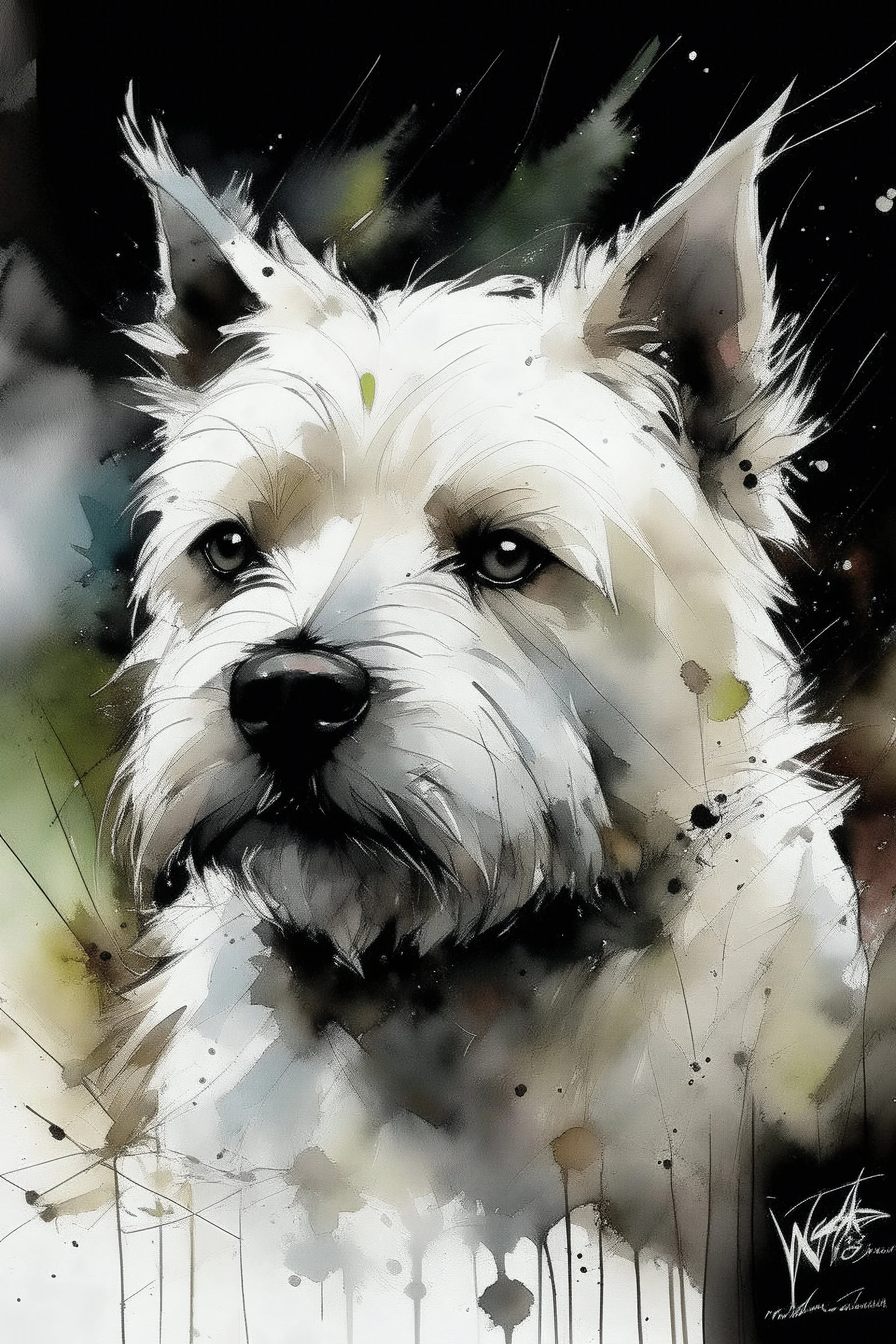 Portrait of a White West highland terrier dog with gentle expression in loose abstract watercolour, wet on wet, and splattering in the style of Agnes Cecile, Willem Haenraets, Yoji Shinkawa, Guy Denning, Florian Nicolle with chalk and rough pastel on rough, textured paper. Muted colours.
