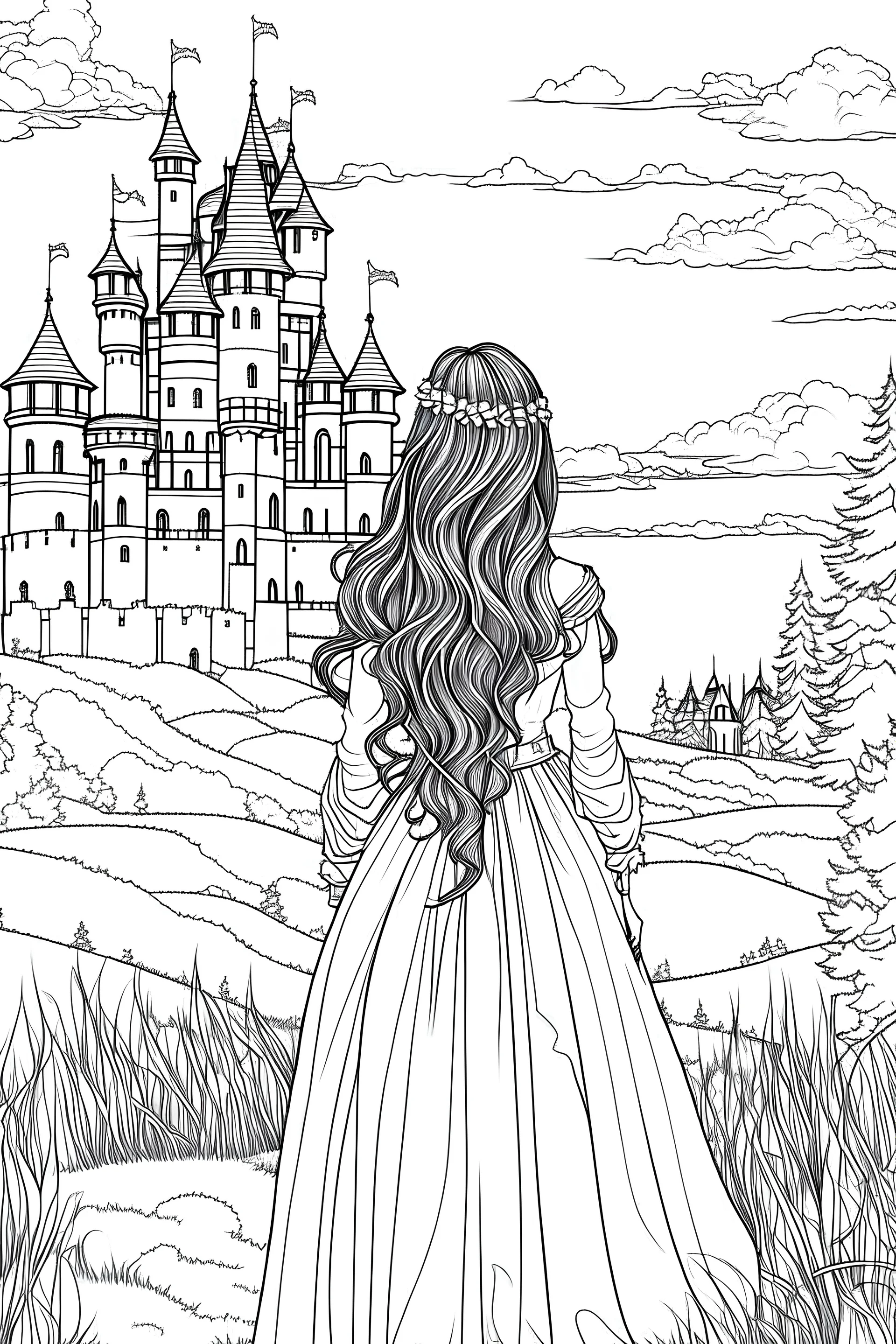 A girl standing of back pose in front of castle she wear a long frock and long hairs with crown and her horse for colouring book without face